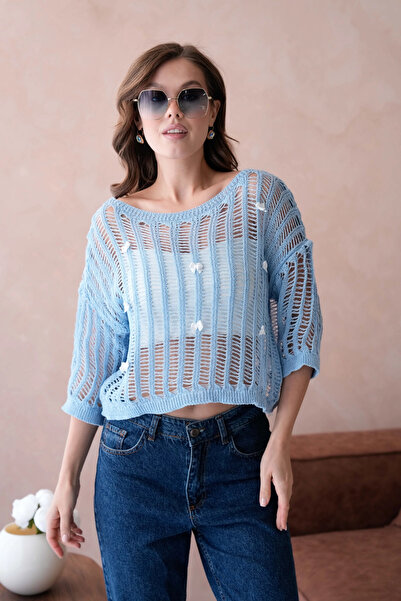 Park Karon Women's Boat Neck Knit Detail Lace-Like Knit Knitwear Sweater 8277Sw