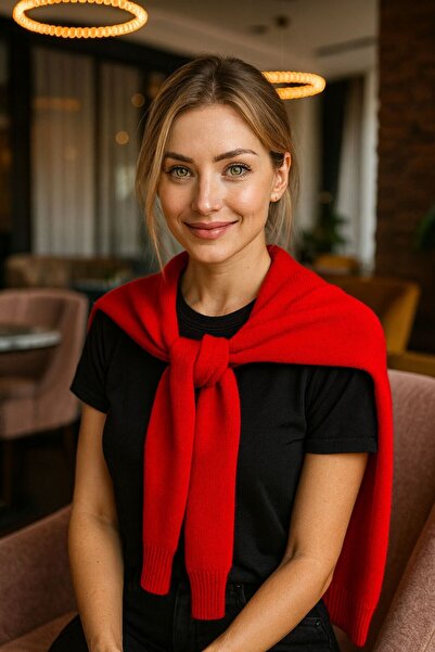 BALIENTE شال سترة محبوك ناعم أحمر اللون مقاس 50×65 سم