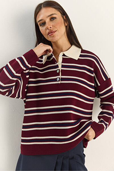 Bianco Lucci Women's Polo Neck Striped Basic Knit Sweater 20258061