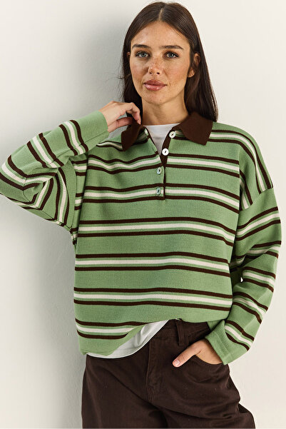 Bianco Lucci Women's Polo Neck Striped Basic Knit Sweater 20258061