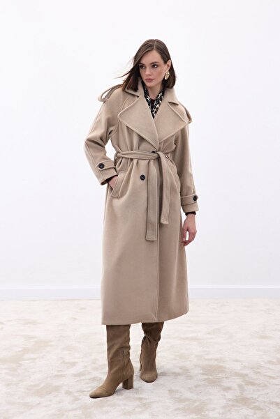 Sateen Wide Collar Long Coat - Beige