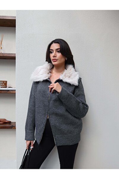 ESRAHELVACI Collar Fur Zippered Knitwear Cardigan
