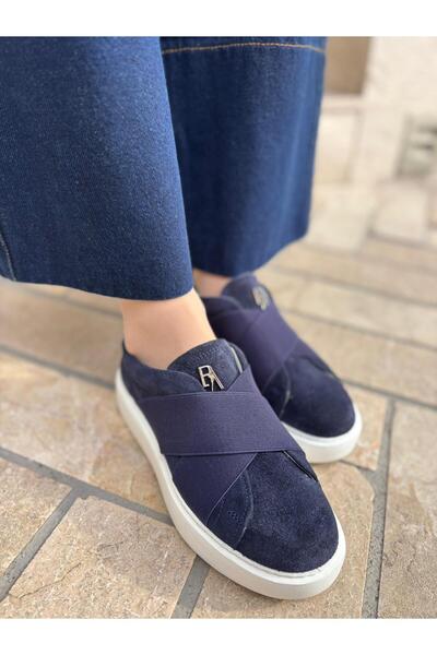 BABLACK Flat Sole Cross Strap 100% Genuine Leather Women's Sneakers Navy Blue