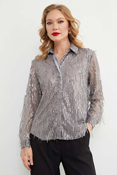 Fulla Moda Sequin Fringed Transparent Shirt