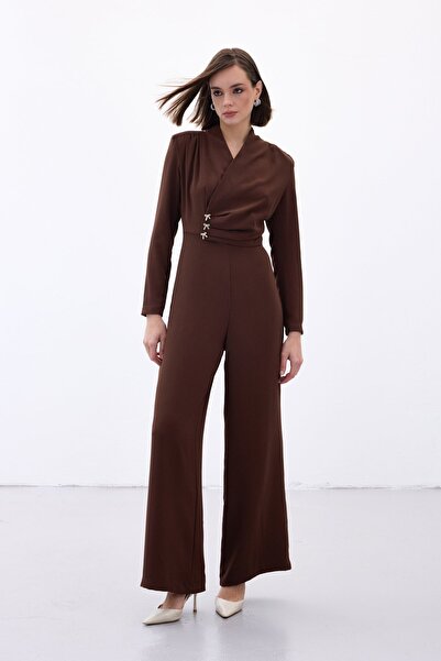 Sateen Crepe Jumpsuit with Bow Accessories - Brown