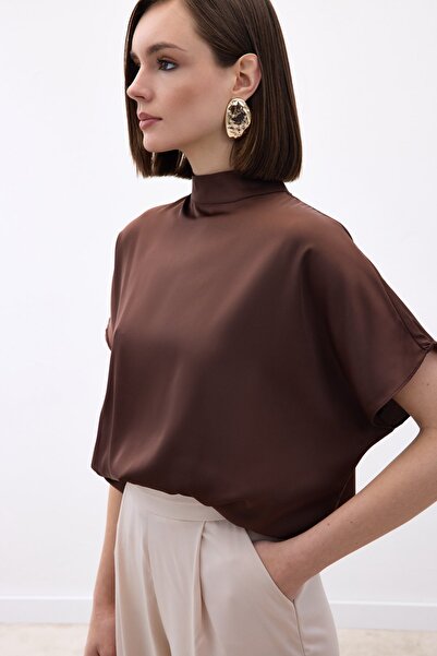 Sateen Batwing Sleeve Casual Blouse - Brown