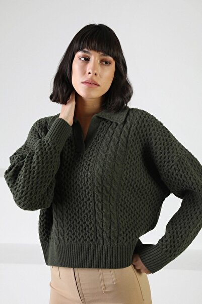 Ferraro Khaki Long Sleeve Shirt Collar Woolen Hair Knitting Pattern Women's K...