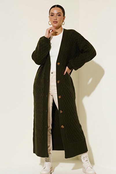 benguen Knitted Patterned Long Knitwear Cardigan R4201 Khaki
