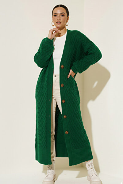 benguen Knitted Patterned Long Knitwear Cardigan R4201 Emerald Green
