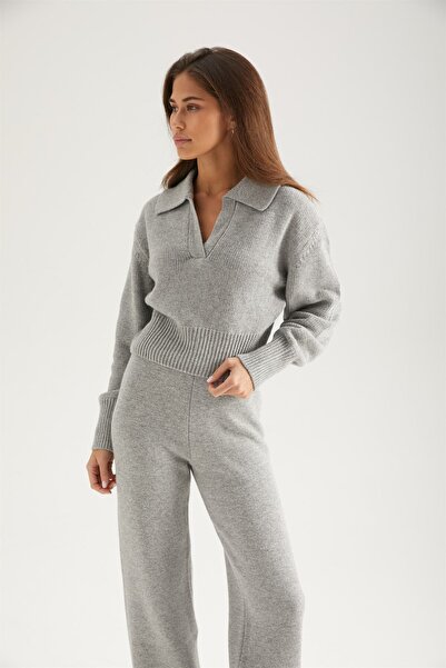 Ferraro A.Gray Shirt Collar Long Sleeve Cashmere Women's Knitwear Sweater