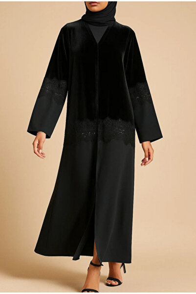 MayaCloset كيمونو وعباءة من المخمل الأسود مزين بتصميم دانتيل دقيق - مثالي لفص...