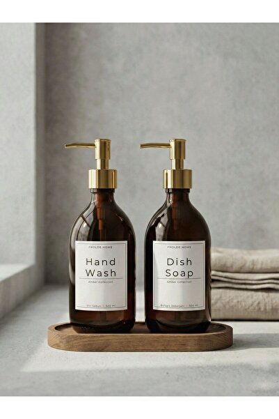 Frolde Oval Ahşap Stantlı 2'li Amber Cam Sıvı Sabun Bulaşık Deterjanı Şişesi ...