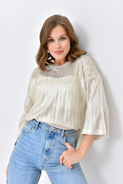 Park Karon Pulover tricotat pentru femei guler rotund tricotaj cu aspect dantelat supradimensionat 10762