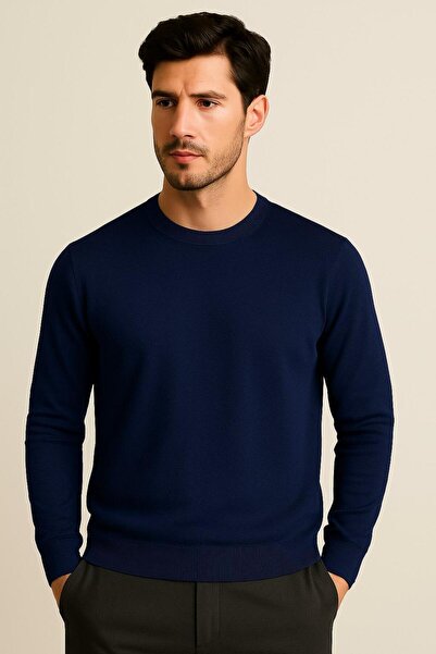 Katia&Bony Men's Premium Crew Neck Soft Textured Knit Sweater Sax Blue