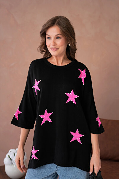 Park Karon Women's Crew Neck Star Patterned Pearl Embroidered Ov Oversized Riko Sweater 12064