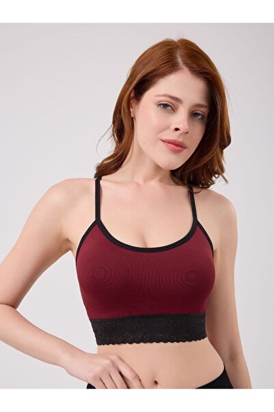 MİSTİRİK Penitro Model Lace Detailed Stylish and Comfortable Bustier with Shaping / Sculpting Pads in Burgundy Color