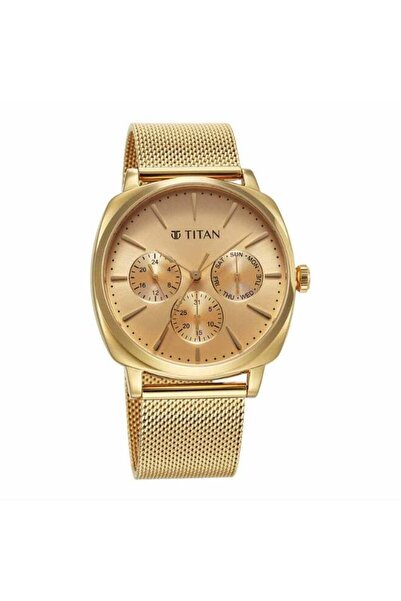 Titan ساعة كلاسيك سوافي متعددة الوظائف للرجال - مينا بلون الشمبانيا، سوار شبك...