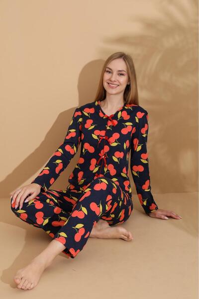 FİT WOMEN PAMUKLU KİRAZ DESENLİ FİYONK DETAYLI PİJAMA TAKIMI C-7015