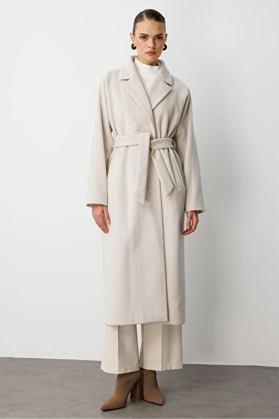 Mizalle Bej Klasik Uzun Yünlü Ekru Kaşe Kaban