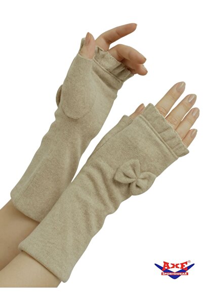 AXE SPORTSWEAR Women's Winter Soft Textured Fingerless Cashmere Long Gloves with Bow and Ruffle Detail