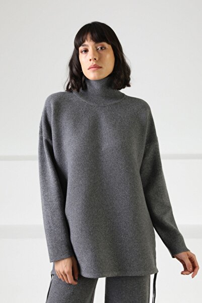 Ferraro Anthracite Long Sleeve Turtleneck Cashmere Women's Knitwear Sweater with Rope Detail on the Sides