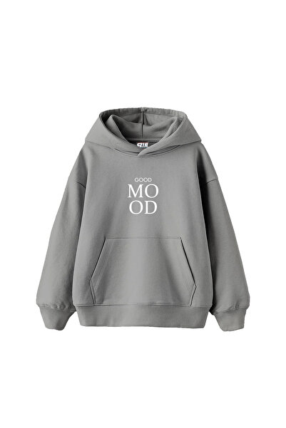 Bak Moda Good Mood με τύπωμα oversized Unisex γκρι φούτερ με κουκούλα