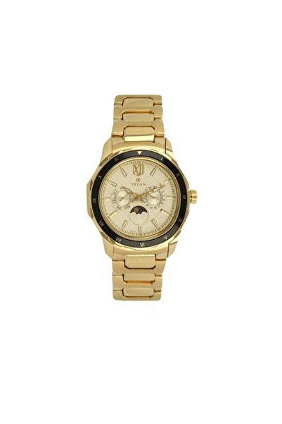 Titan ساعة رجالية تناظرية 1688KM01 – مينا بلون الشمبانيا، سوار معدني ذهبي، تص...