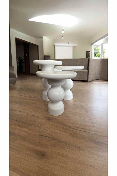 Simillo Home&Living Ahşap 3’lü Yan Sehpa Set Beyaz Renk Masif Doğal Fiskos