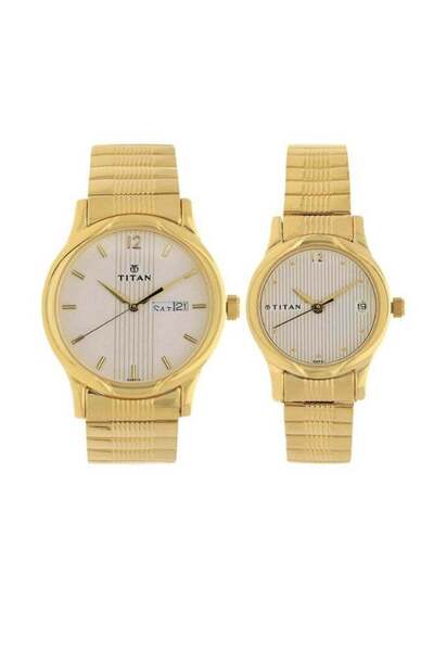 Titan Couple’s Watch 15802490YM04 – Gold Dial, Gold Stainless Steel Strap, Sleek Modern Analog