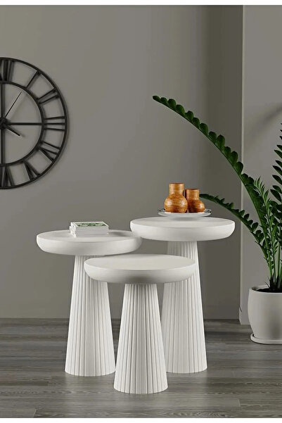 Simillo Home&Living Beyaz Renk El Yapımı Ahşap 3’lü Mantar Sehpa Seti