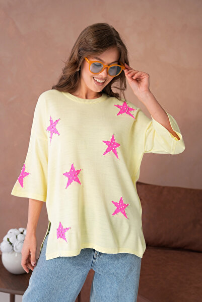 Park Karon Women's Crew Neck Star Patterned Pearl Embroidered Ov Oversized Riko Sweater 12064