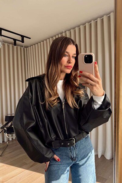 Sue Store Lined Oversized Bomber Leather Jacket with Black Belt Detail