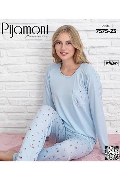 Pijamoni 7575 Milan Kumaş Çıtır Çiçekli & Minik Kalpli Cep Detaylı Pijama Takım