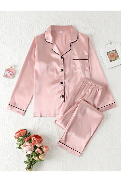 CN Γυναικείο σετ πιτζάμες από σατέν μονόχρωμο υψηλής ποιότητας, άνετο μακρυμά...