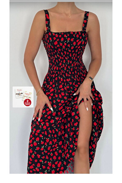 ABAGlobal Çiçek Desenli Askılı Gipeli Yırtmaçlı Uzun Kadın Elbise