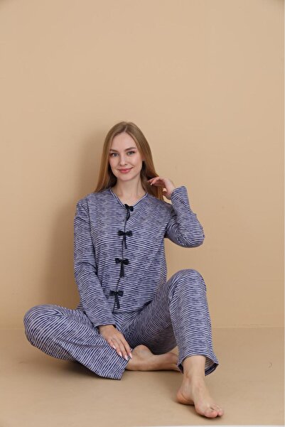 FİT WOMEN PAMUKLU ÇİZGİ DESENLİ FİYONK DETAYLI PİJAMA TAKIMI C-7033