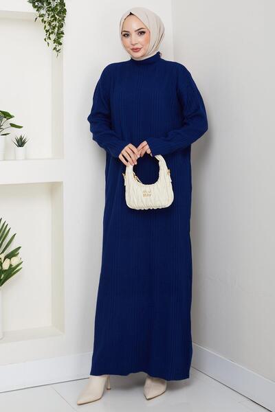 hafsamina Corded Fabric Knitwear Dress Navy Blue Hm2247