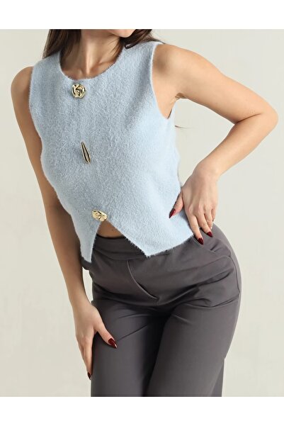 diğerr1 Bebe Mavisi Sakallı Gold Düğmeli Kadın Süveter