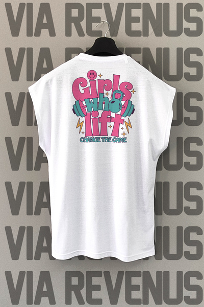 Vordevia Girls Who Lift Spate cu imprimeu Mâneci zero bumbac 100% Sport tricou