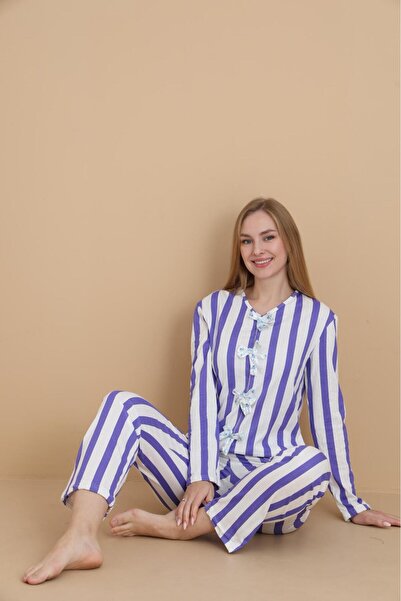 FİT WOMEN PAMUKLU ÇİZGİ DESENLİ FİYONK DETAYLI PİJAMA TAKIMI C-7029