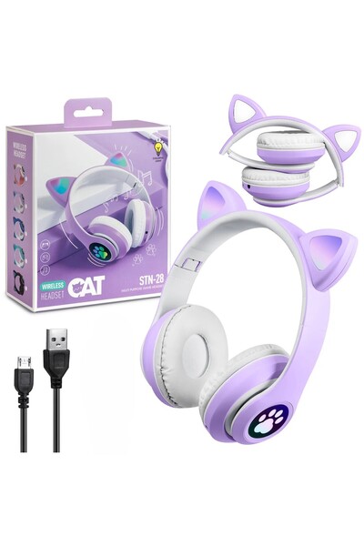 DARKOM Kulak Üstü Bluetooth Kulaklık RGB Işıklı Kedili Stereo Kulaklık Siyah/...