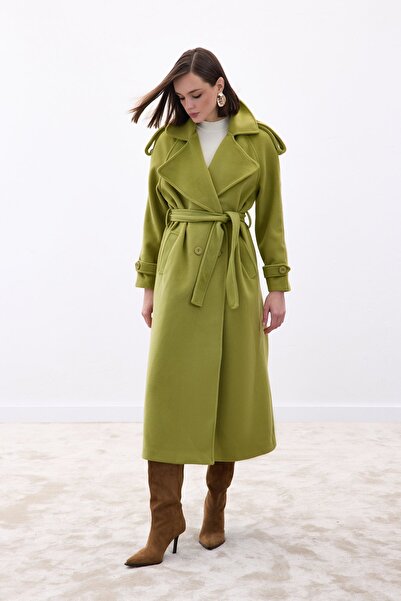 Sateen Wide Collar Long Coat - Green