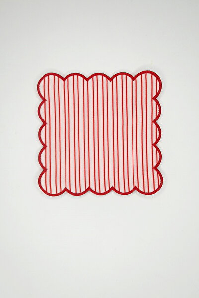 decofav Red Pink Striped Red Embroidered Fabric Cocktail Napkin 1 Piece