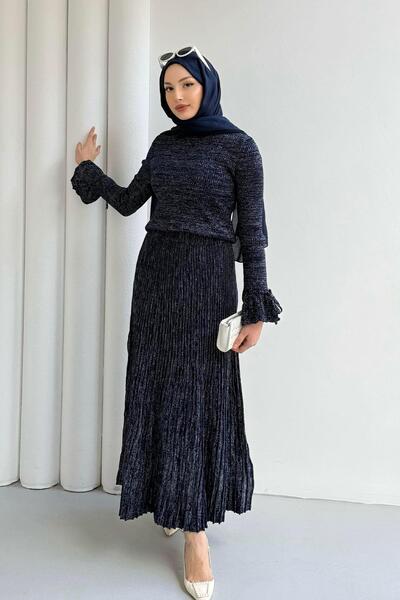 Modaensarbutik Simli Triko Etekli Tesettür Takım-LACİVERT