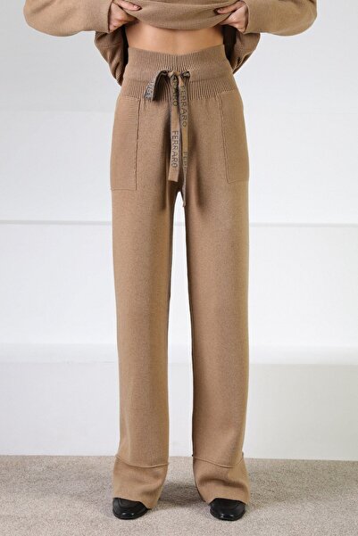 Ferraro Camel Belted Pocketed Cashmere Women's Knitwear Trousers