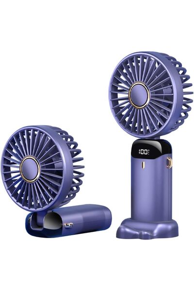 Fan مروحة يدوية صغيرة قابلة للطي قابلة لإعادة الشحن عبر منفذ USB، 5 سرعات، شاشة LED (أزرق)