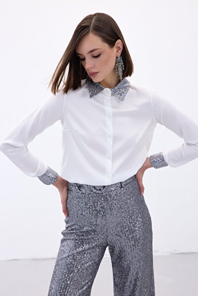 Sateen Sequin Detailed Satin Shirt - Gray