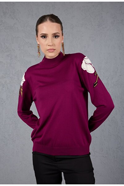 Moda Days بلوزة نسائية مطرزة على الأكتاف باللون الوردي D ياقة مرتفعة متوسطة ا...