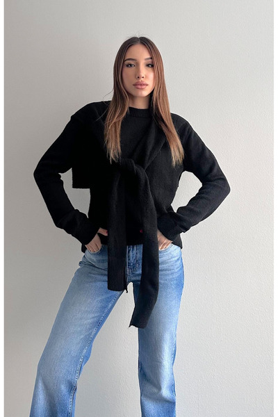 My Blog Schwarzer Strickpullover mit Schaldetail - 251180