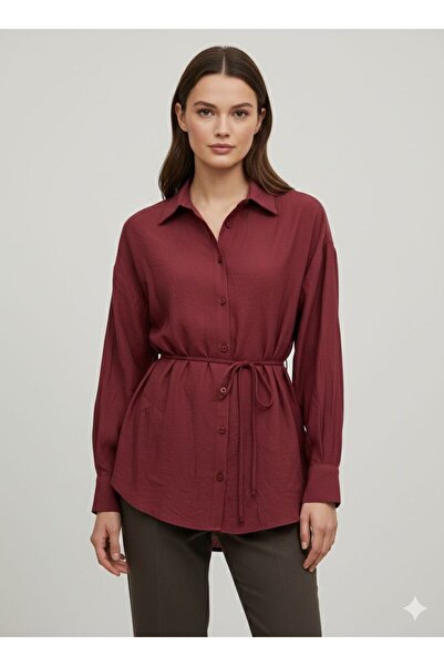 Meşe Moda Burgundy Waist-Tie Shirt